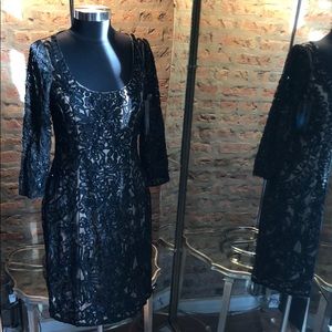 NWT SUE WONG SZ 14 black beaded cocktail dress